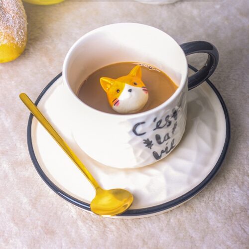 Cute Cat Relief Ceramics Mug With Tray Coffee Milk Tea Handle Porcelain Cup Novelty Gifts