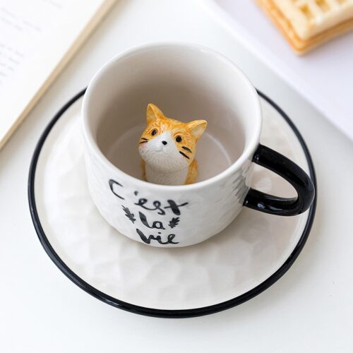 Cute Cat Relief Ceramics Mug With Tray Coffee Milk Tea Handle Porcelain Cup Novelty Gifts