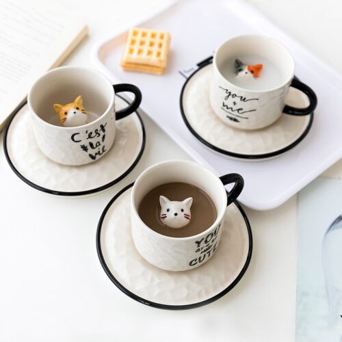 Cute Cat Relief Ceramics Mug With Tray Coffee Milk Tea Handle Porcelain Cup Novelty Gifts