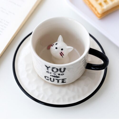 Cute Cat Relief Ceramics Mug With Tray Coffee Milk Tea Handle Porcelain Cup Novelty Gifts