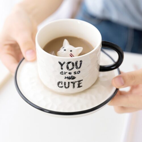 Cute Cat Relief Ceramics Mug With Tray Coffee Milk Tea Handle Porcelain Cup Novelty Gifts