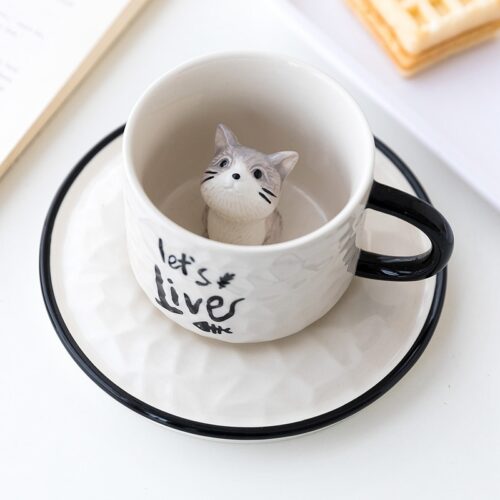 Cute Cat Relief Ceramics Mug With Tray Coffee Milk Tea Handle Porcelain Cup Novelty Gifts