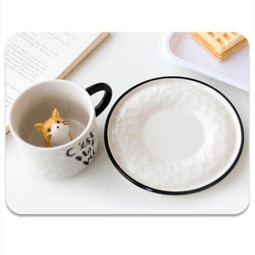 Cute Cat Relief Ceramics Mug With Tray Coffee Milk Tea Handle Porcelain Cup Novelty Gifts