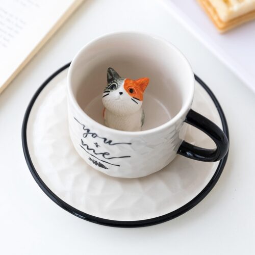 Cute Cat Relief Ceramics Mug With Tray Coffee Milk Tea Handle Porcelain Cup Novelty Gifts