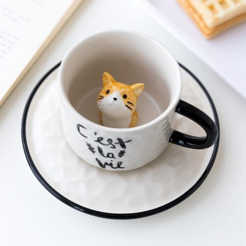 Cute Cat Relief Ceramics Mug With Tray Coffee Milk Tea Handle Porcelain Cup Novelty Gifts